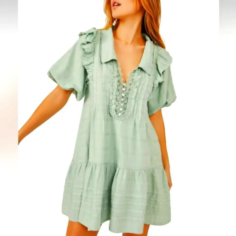 Free People Elora ruffled pintuck mint green mini dress size L